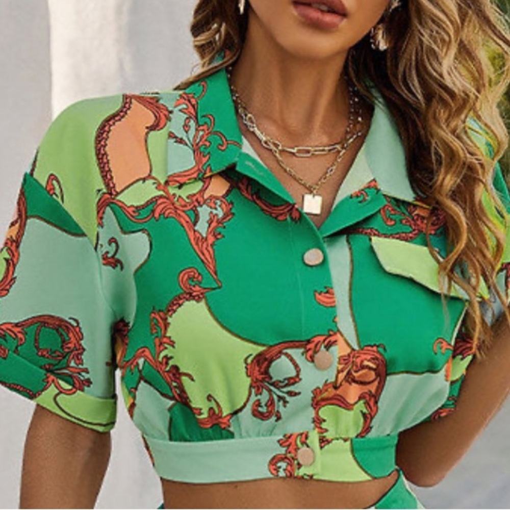 Glamaker sz s crop top green orange floral blouse shirt jacket